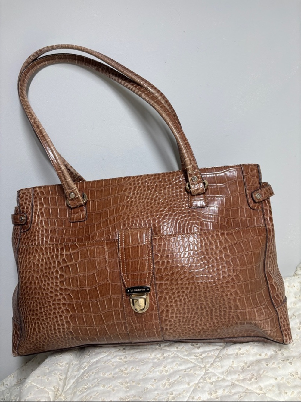 Vint. Liz Clairborne Crocodile-Embossed Tote Portfolio Laptop Bag 3 zip sections